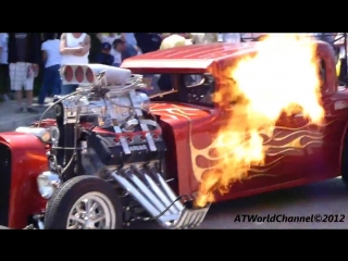 monster hot rod wild thang shooting flames, loud engine sound and rev extreme automotive prolong